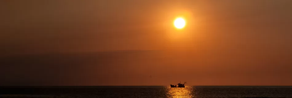Boat at Sea, Sunset, Orange