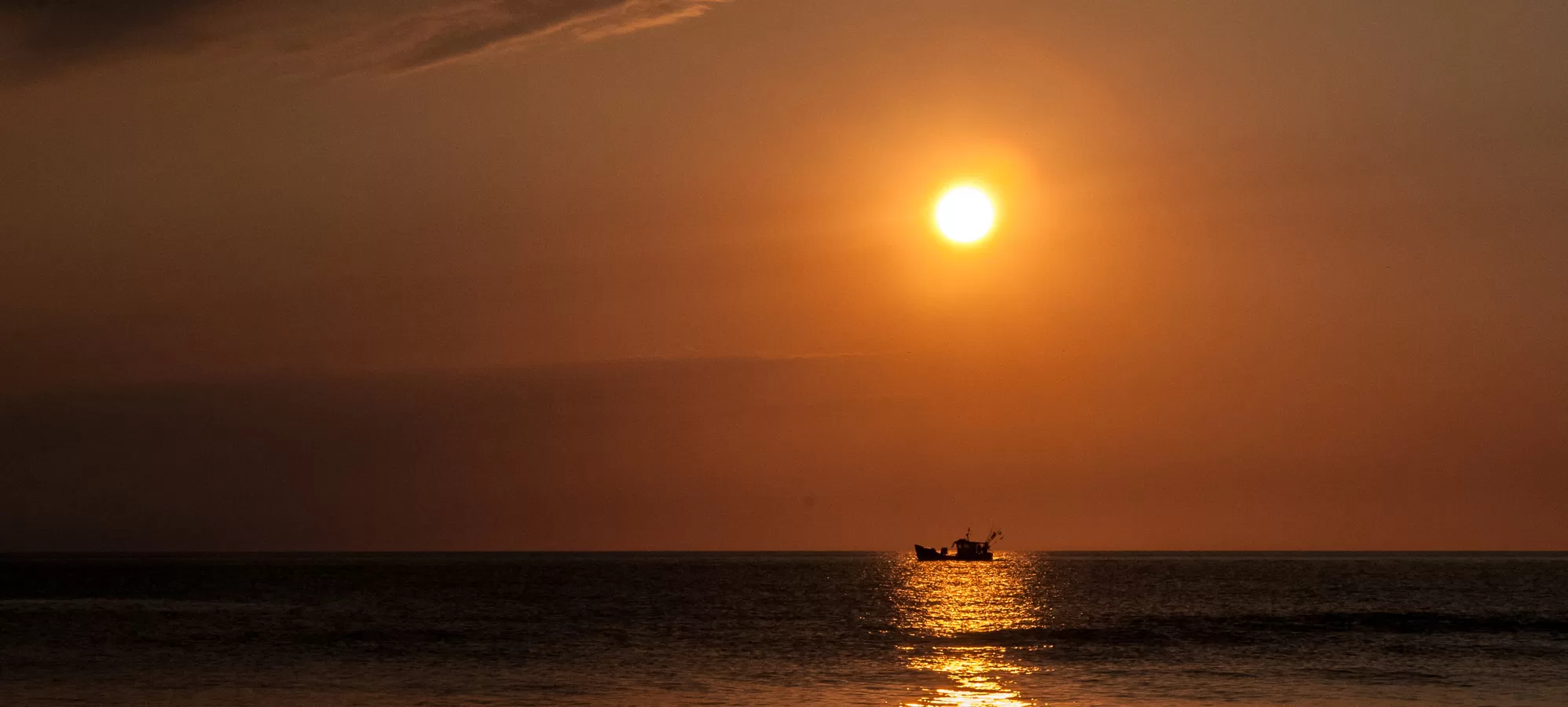Boat at Sea, Sunset, Orange